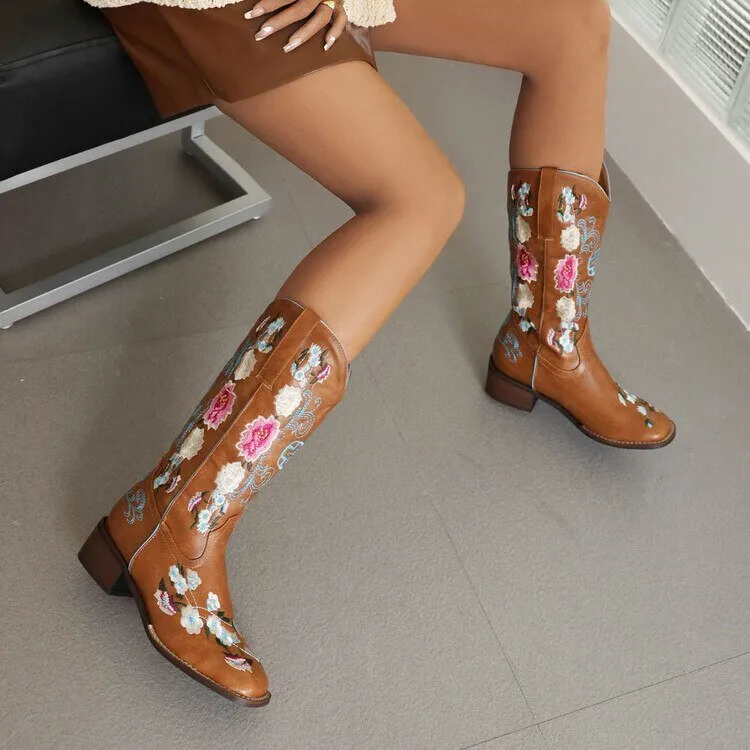 Mid Calf Boots For Women Cowboy Boots Chunky Heel