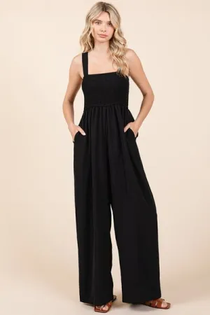 Mittoshop Smocked Wide Strap Wide Leg Overalls