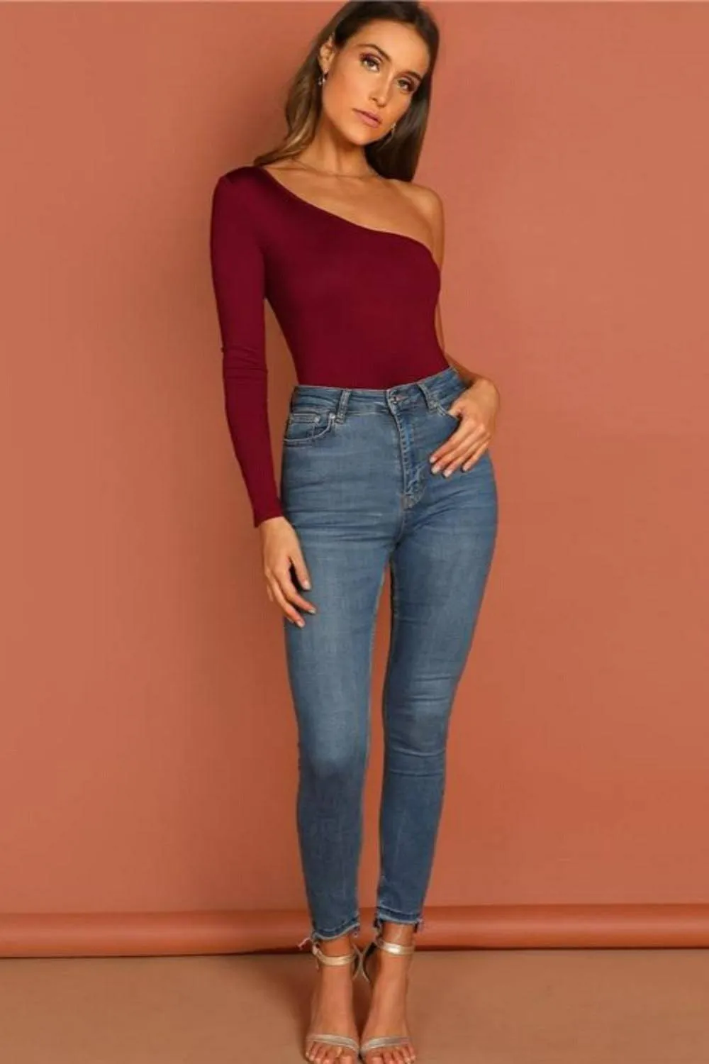 One Shoulder Form Fitting Stretch Bodysuit - Burgundy
