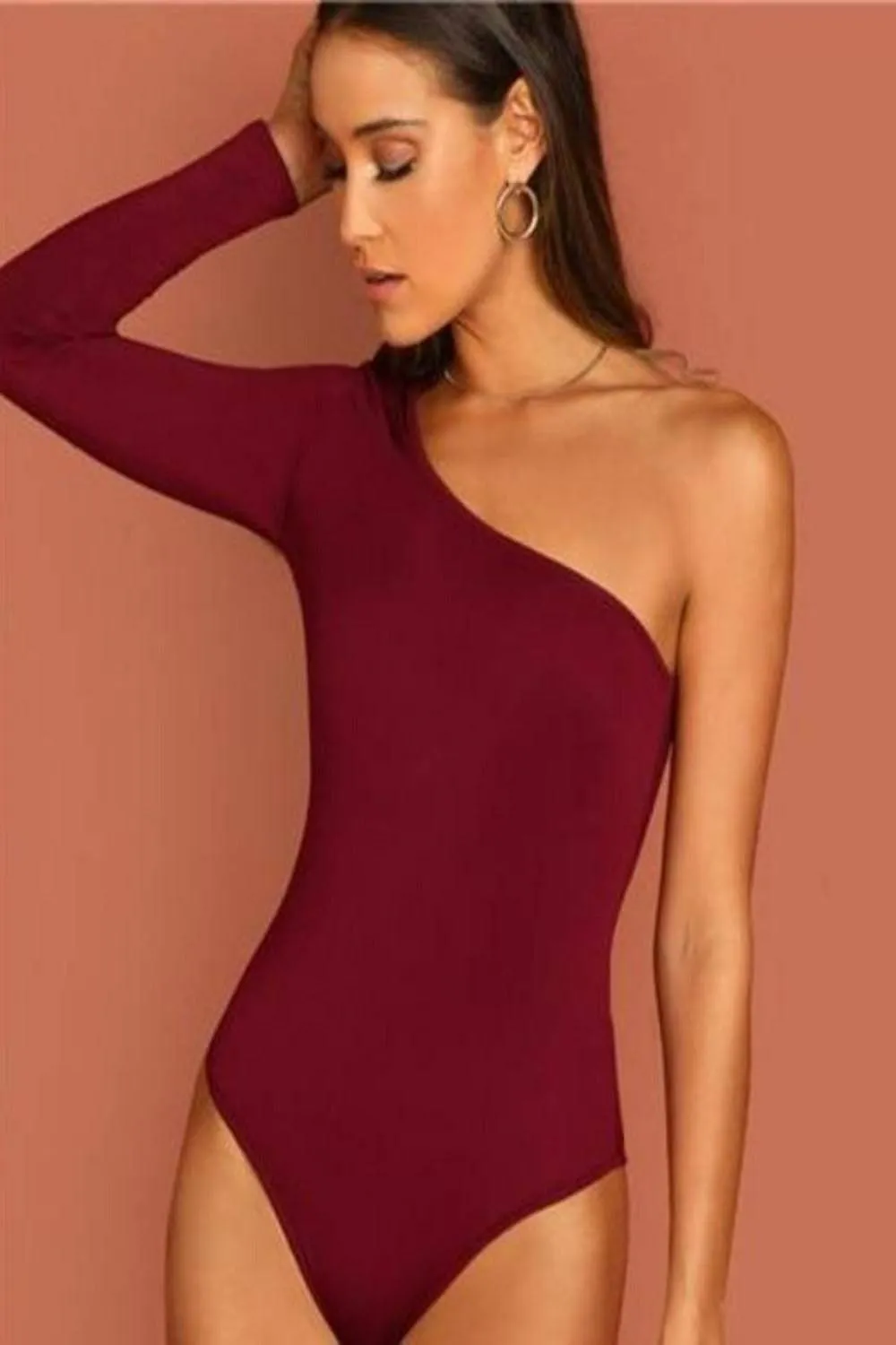 One Shoulder Form Fitting Stretch Bodysuit - Burgundy