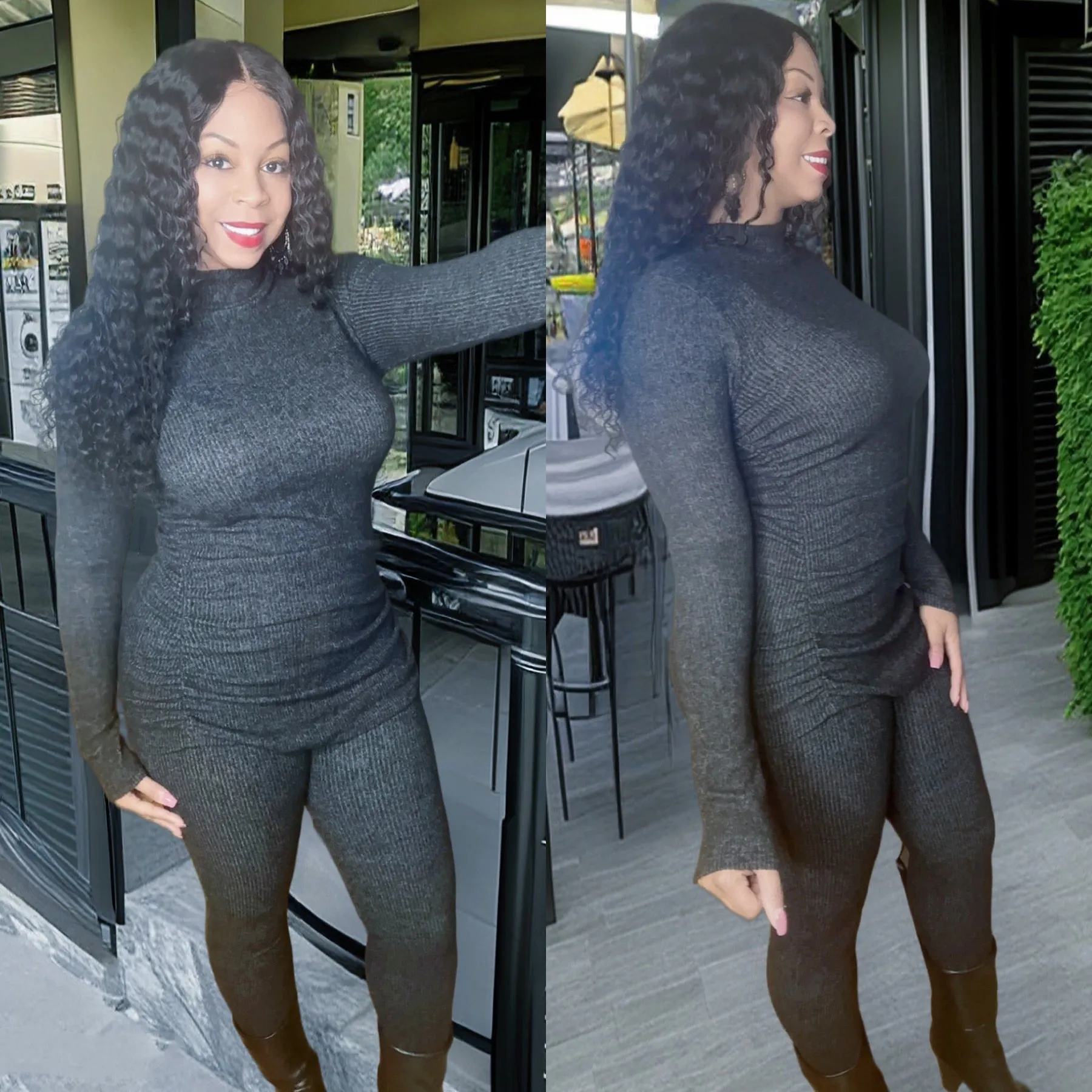 PLUS SIZE SET LEFT! Ruched & Ribbed Knit Slit Ankle Set!