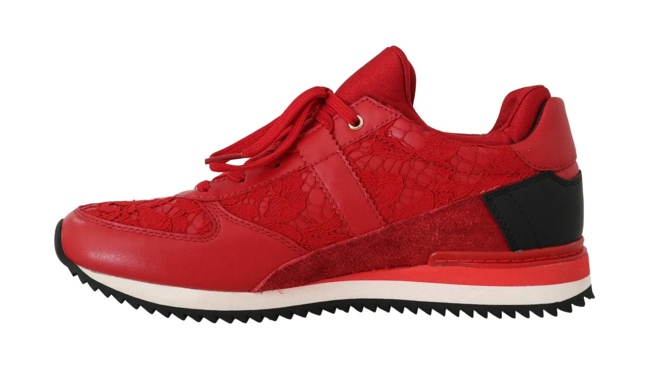 Red Floral Lace Leather Women Sneakers