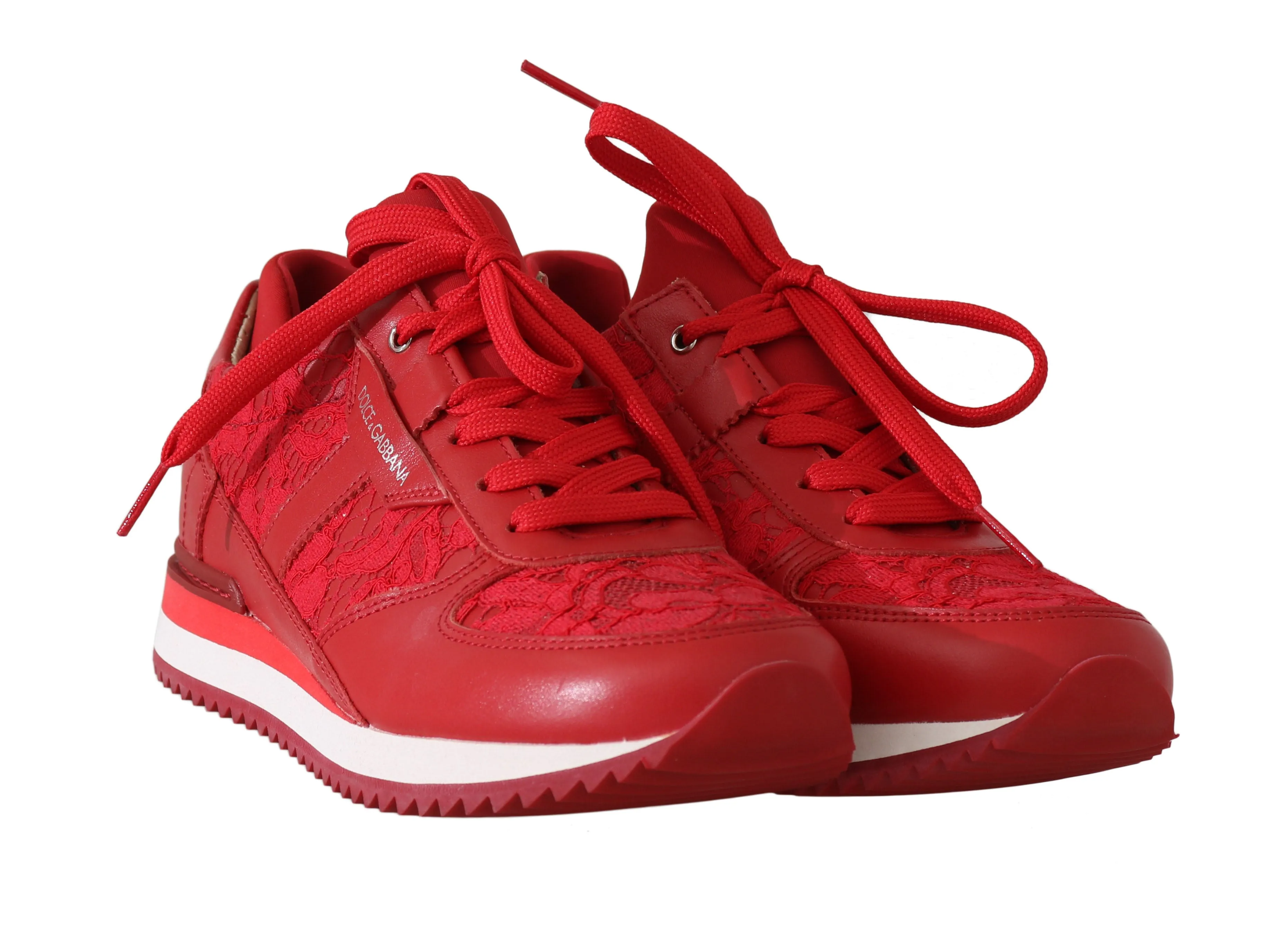 Red Floral Lace Leather Women Sneakers