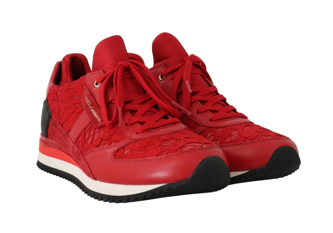 Red Floral Lace Leather Women Sneakers