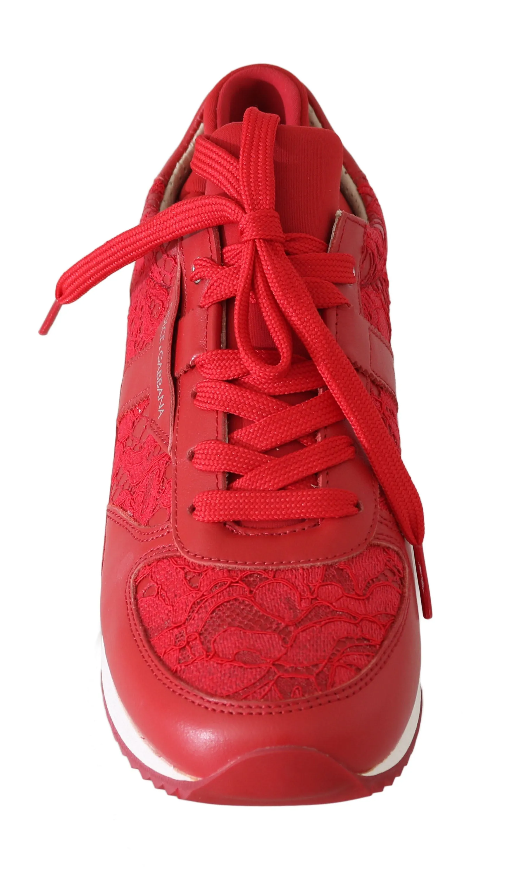 Red Floral Lace Leather Women Sneakers