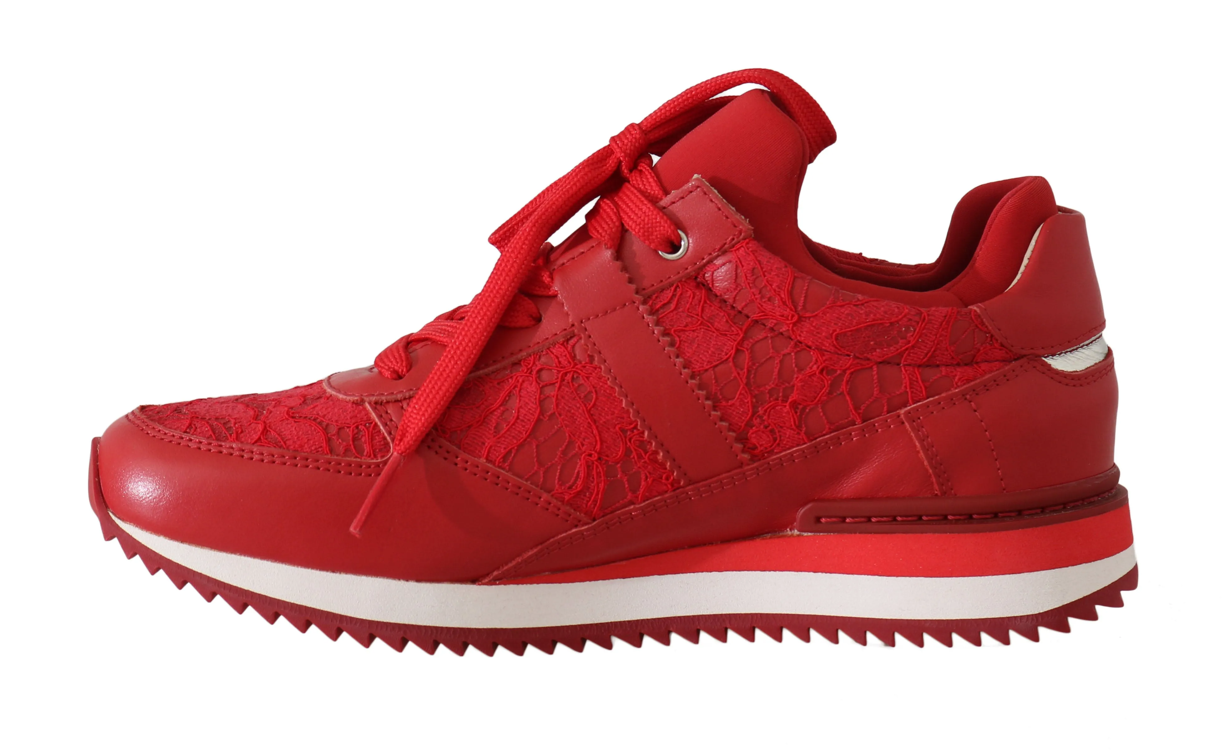 Red Floral Lace Leather Women Sneakers