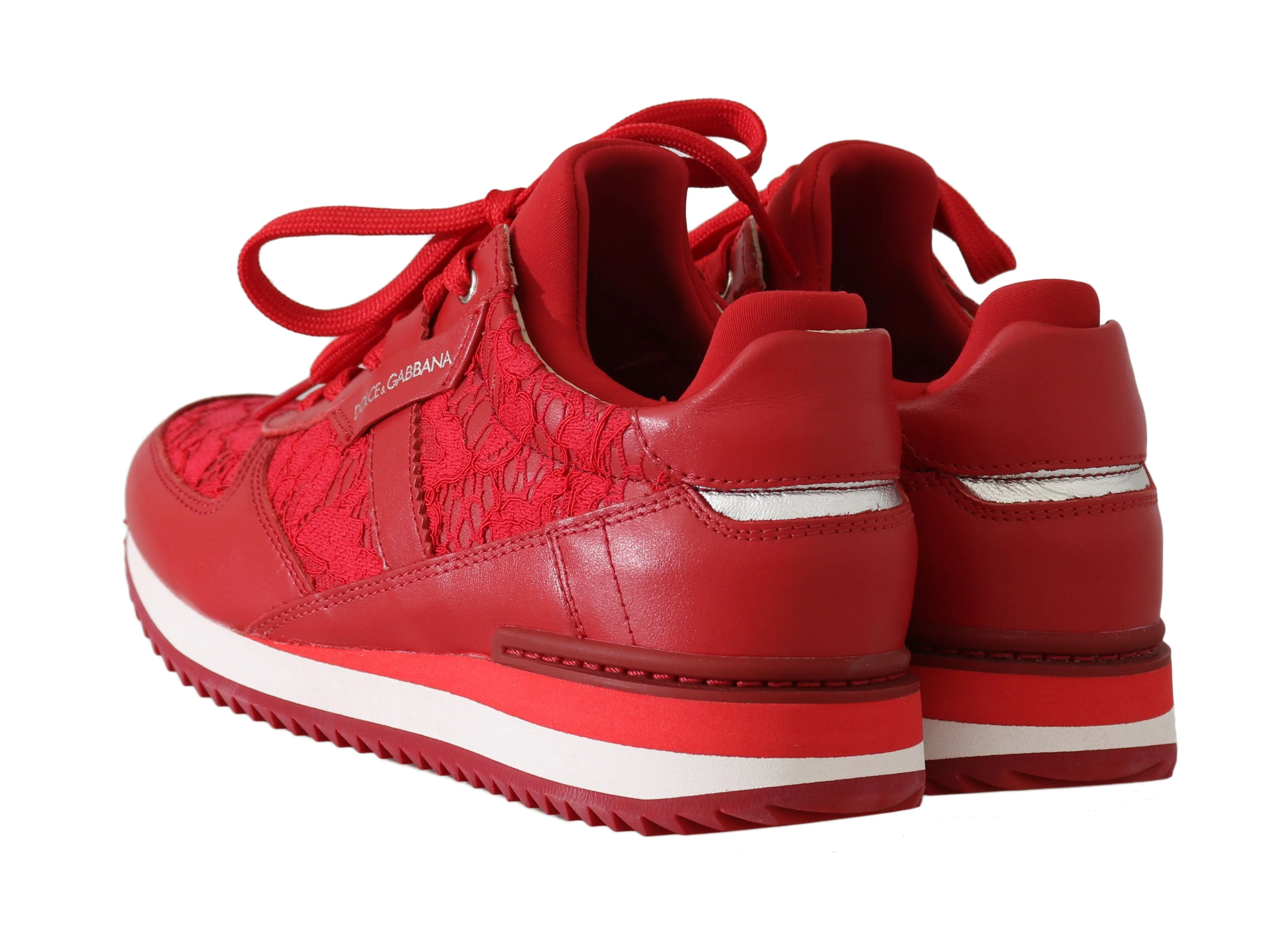 Red Floral Lace Leather Women Sneakers