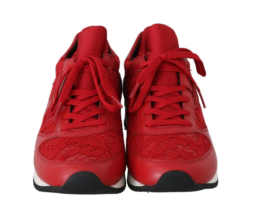 Red Floral Lace Leather Women Sneakers
