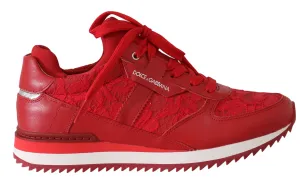 Red Floral Lace Leather Women Sneakers