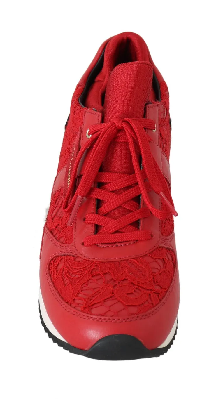 Red Floral Lace Leather Women Sneakers