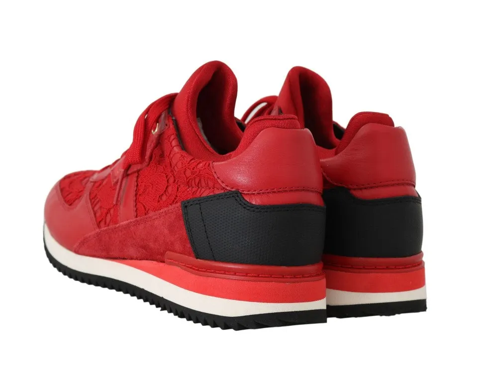 Red Floral Lace Leather Women Sneakers