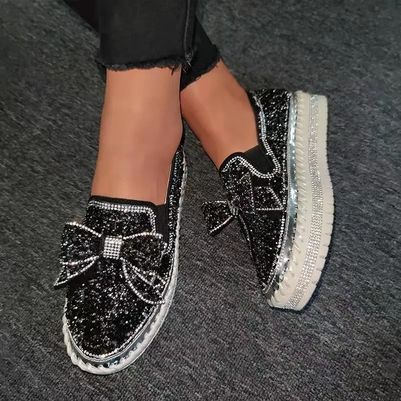 Rhinestone Bow Tie Round Toe Platform Sneakers