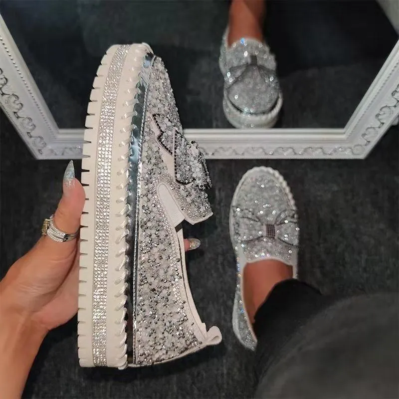 Rhinestone Bow Tie Round Toe Platform Sneakers