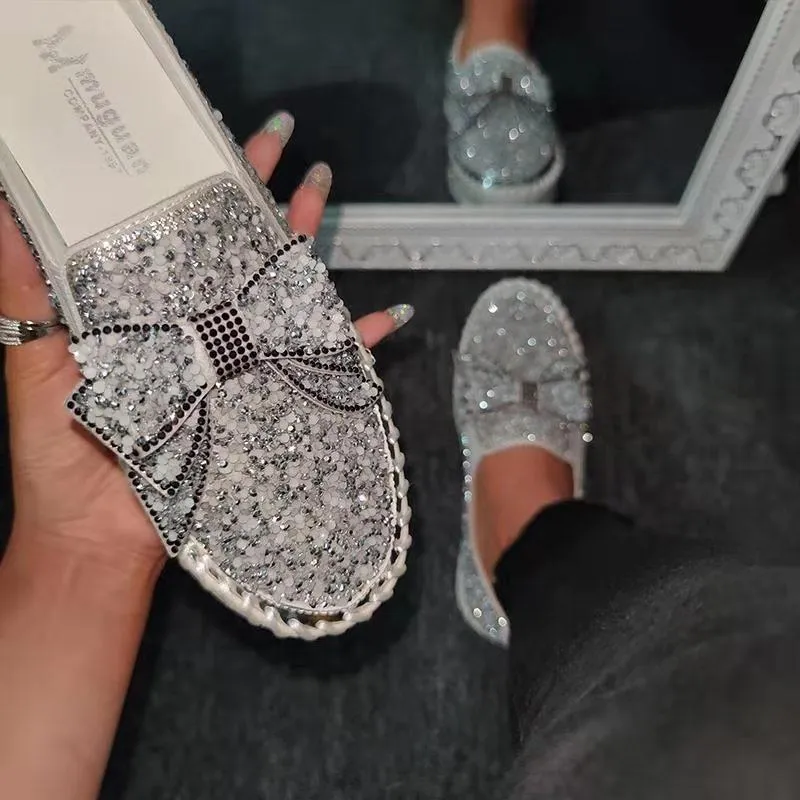 Rhinestone Bow Tie Round Toe Platform Sneakers