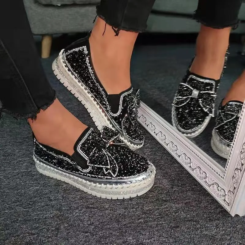 Rhinestone Bow Tie Round Toe Platform Sneakers