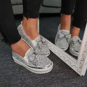 Rhinestone Bow Tie Round Toe Platform Sneakers