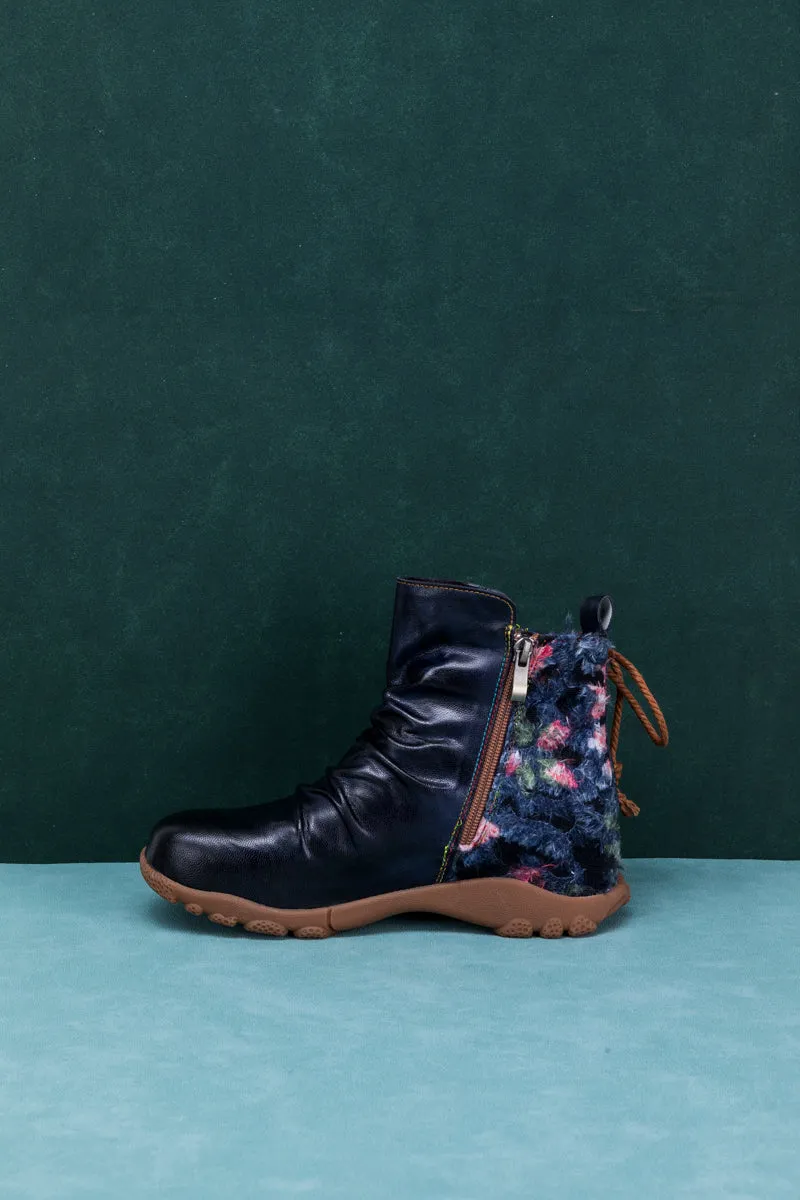 Ruched Black Leather Combat Boot