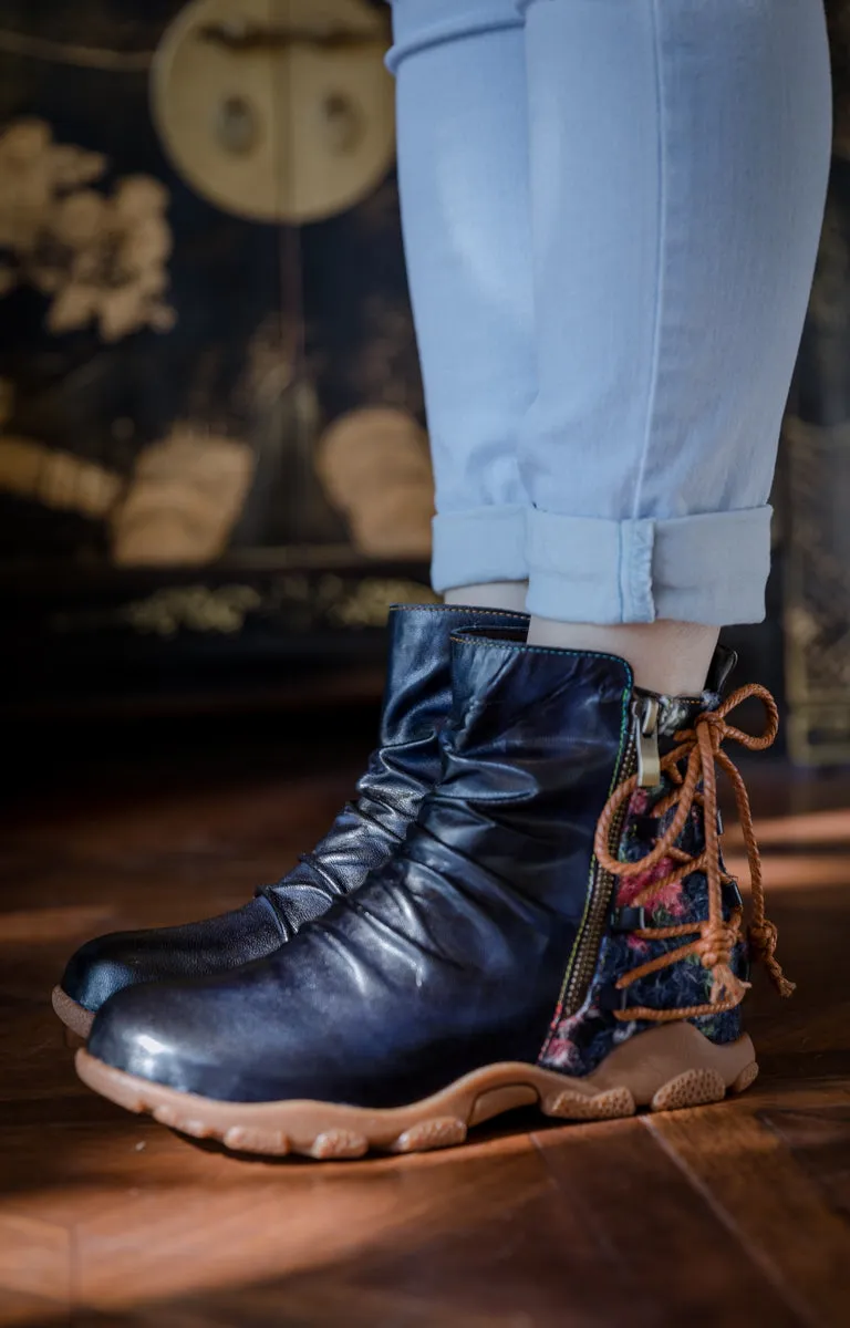 Ruched Black Leather Combat Boot