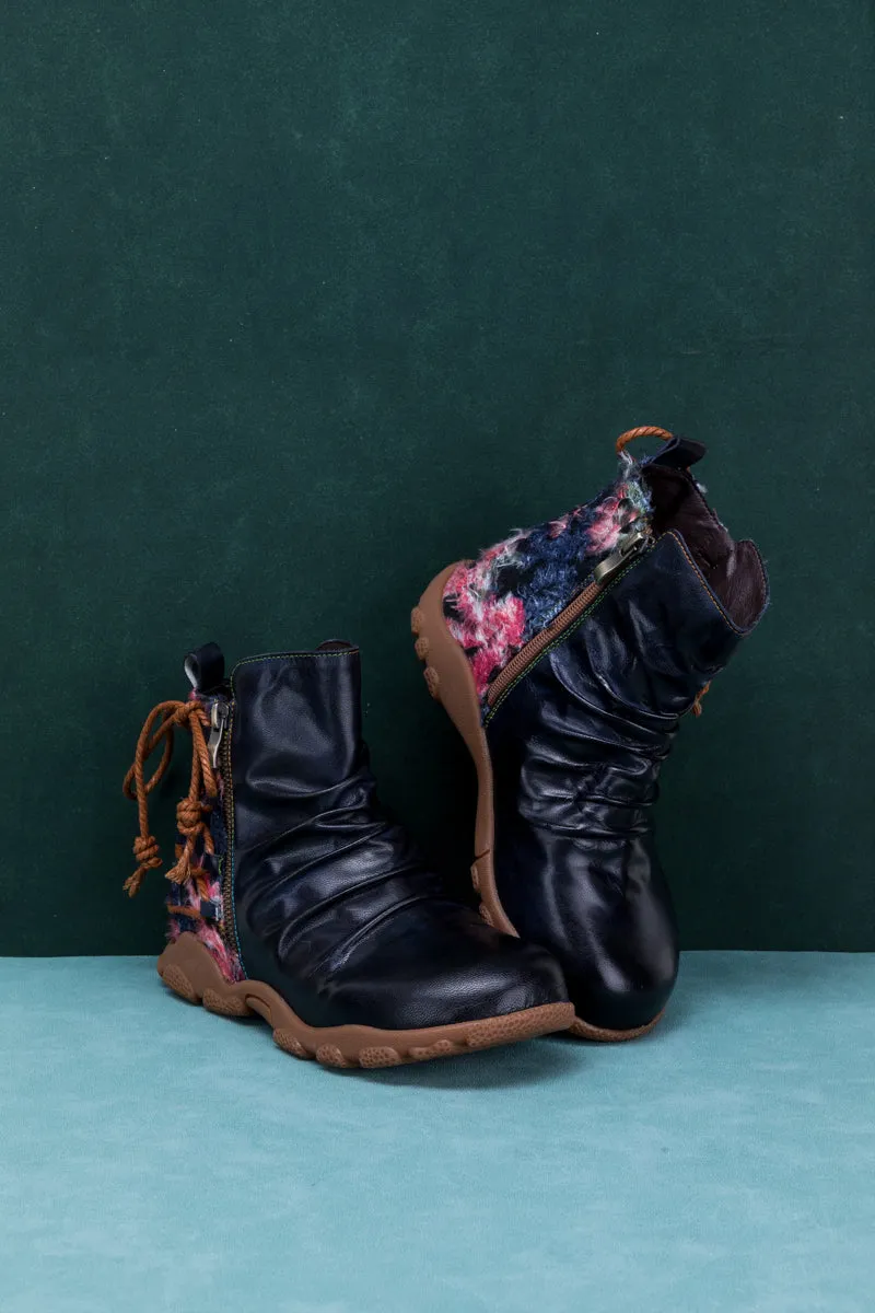 Ruched Black Leather Combat Boot
