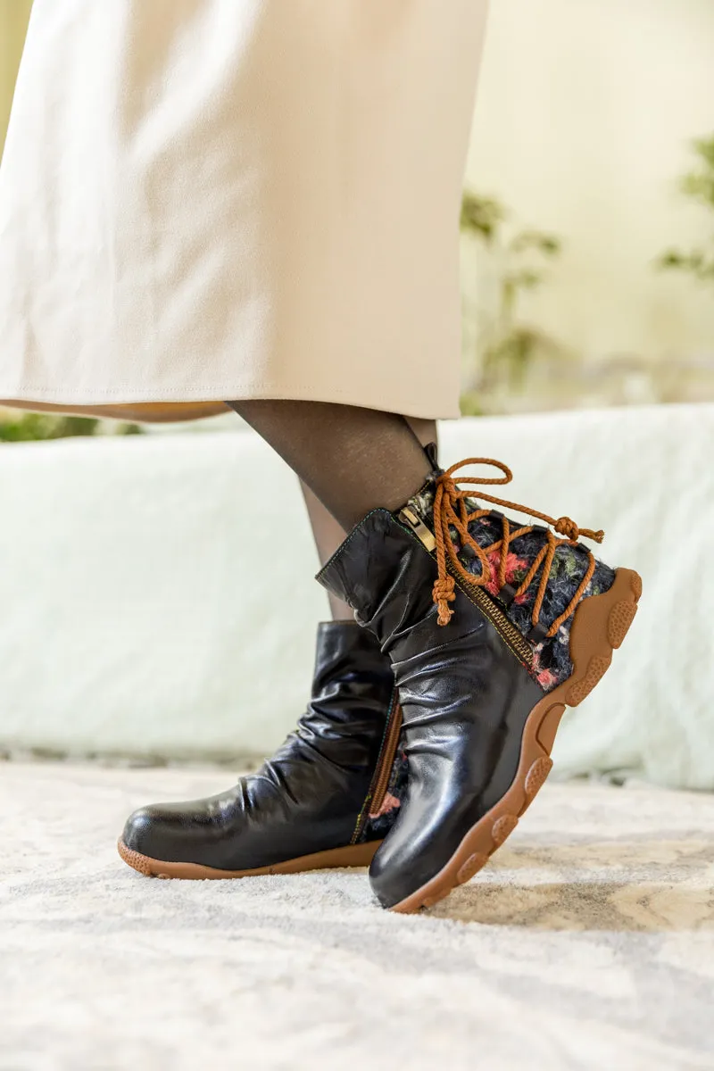 Ruched Black Leather Combat Boot