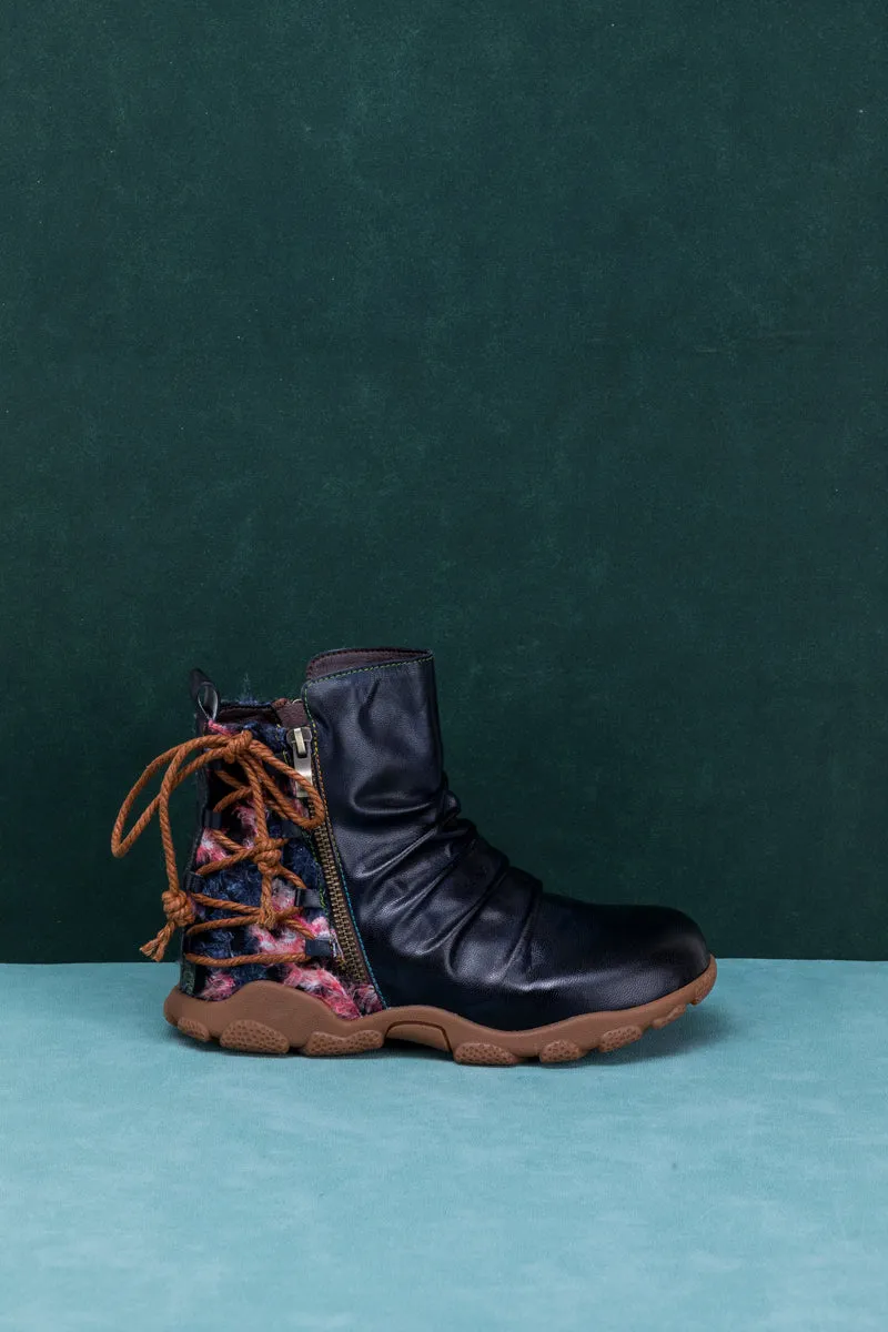 Ruched Black Leather Combat Boot