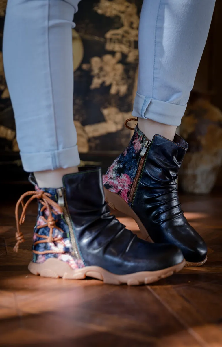 Ruched Black Leather Combat Boot