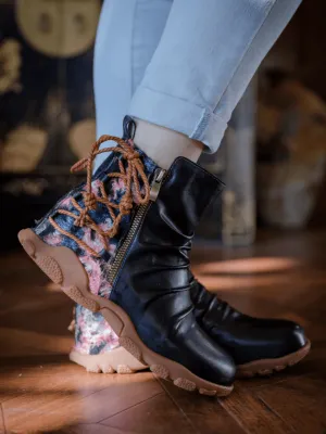 Ruched Black Leather Combat Boot