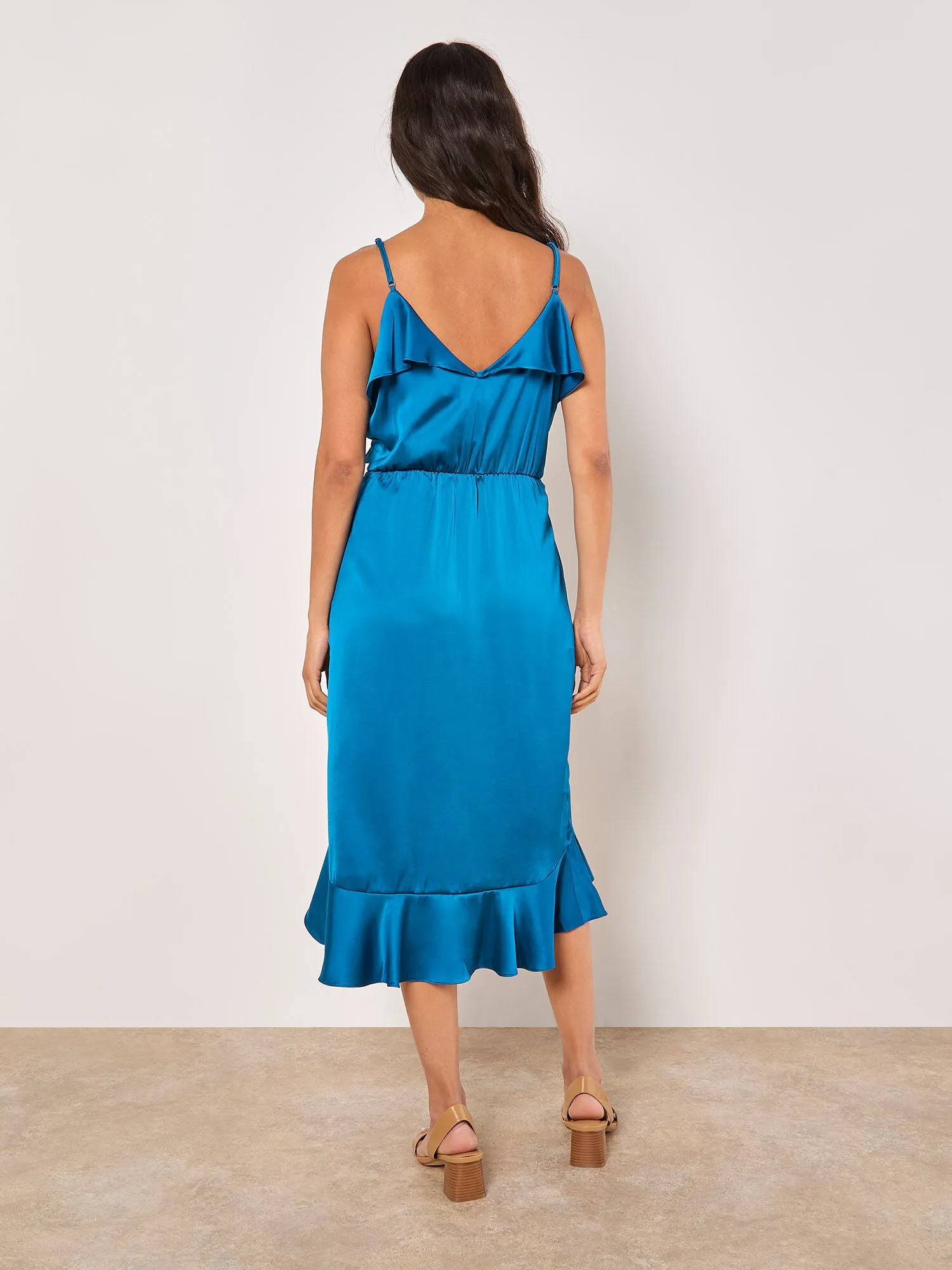 Ruffle Wrap Satin Midi Dress