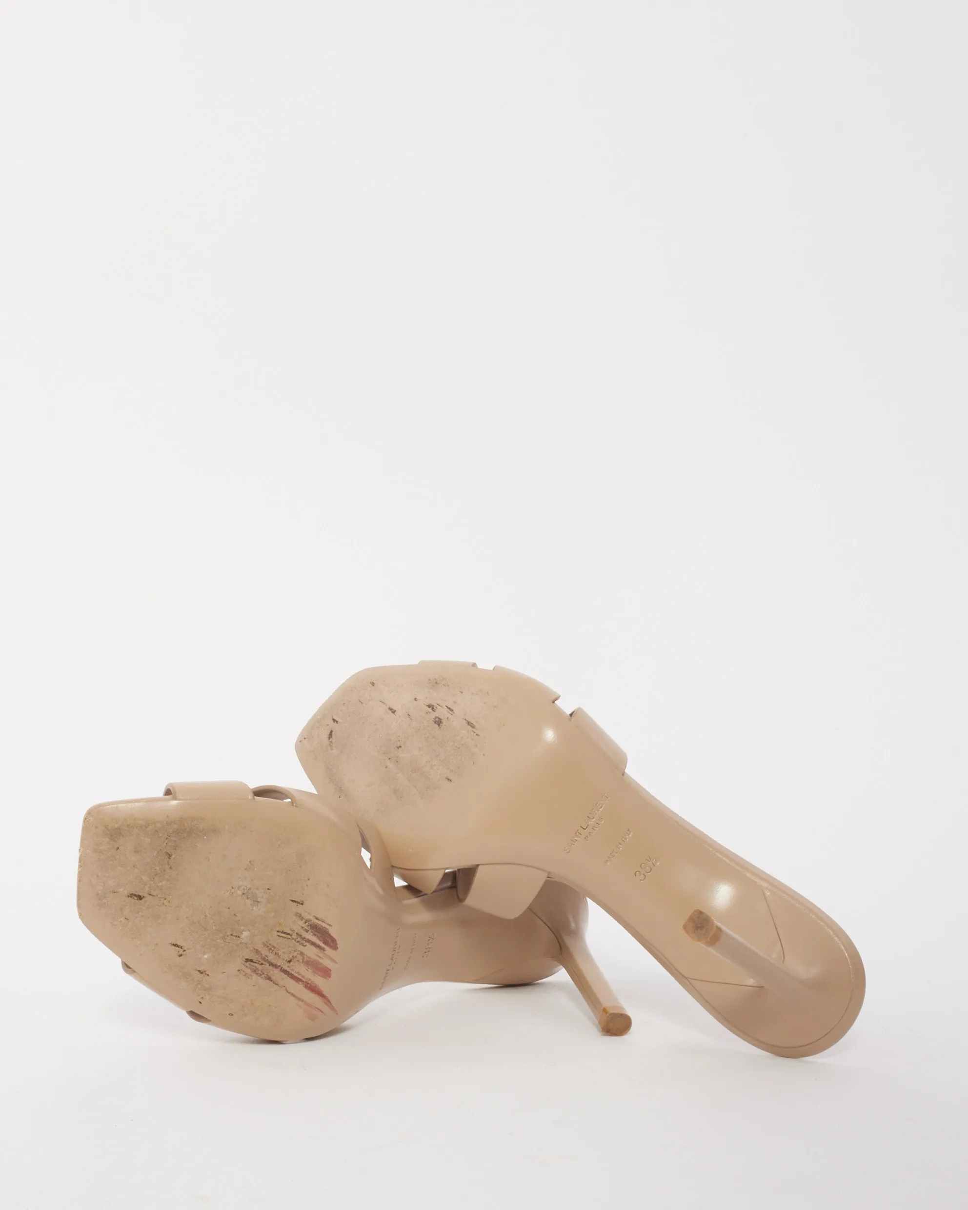 Saint Laurent Beige Leather Tribute Mule Heeled Sandals - 38.5