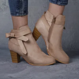 Short tube round head bowknot side zipper Martin boots women's autumn/winter 2021 new thick-heeled high-heeled women's boots and nude boots