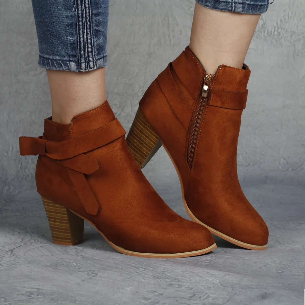 Short tube round head bowknot side zipper Martin boots women's autumn/winter 2021 new thick-heeled high-heeled women's boots and nude boots
