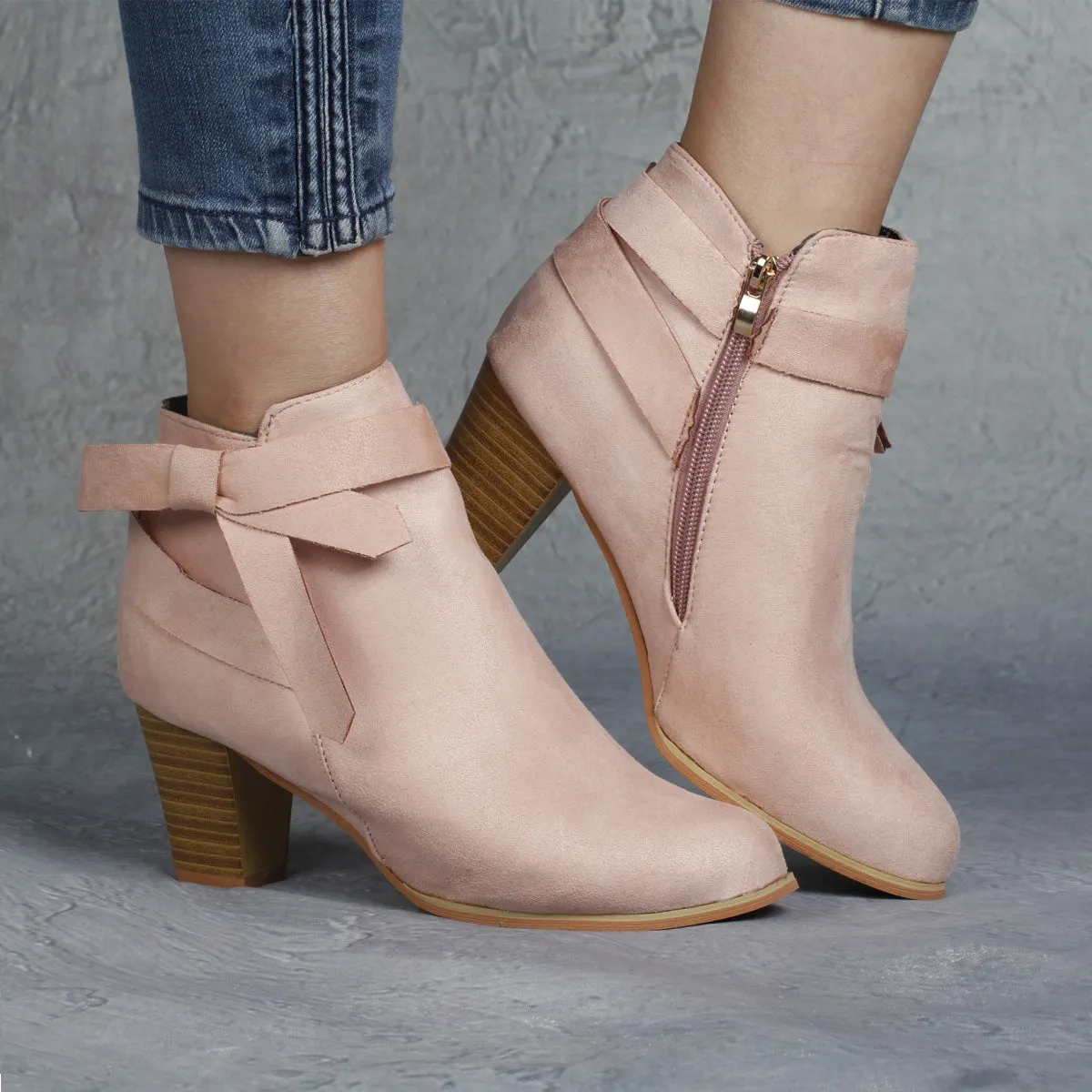 Short tube round head bowknot side zipper Martin boots women's autumn/winter 2021 new thick-heeled high-heeled women's boots and nude boots
