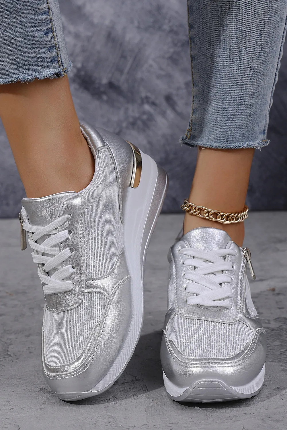 Silvery Leather Patchwork Zipper Lace-up Sneakers