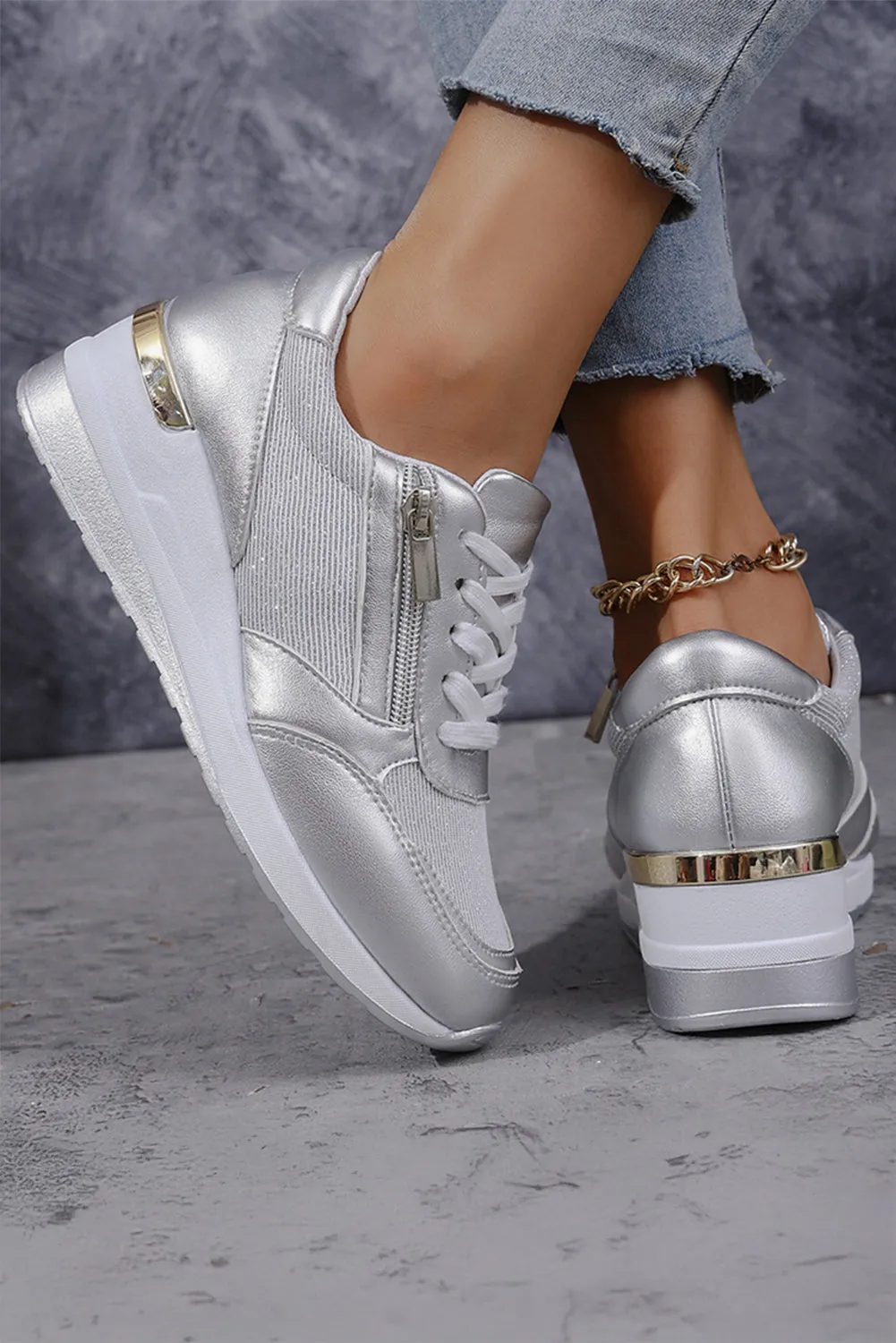 Silvery Leather Patchwork Zipper Lace-up Sneakers