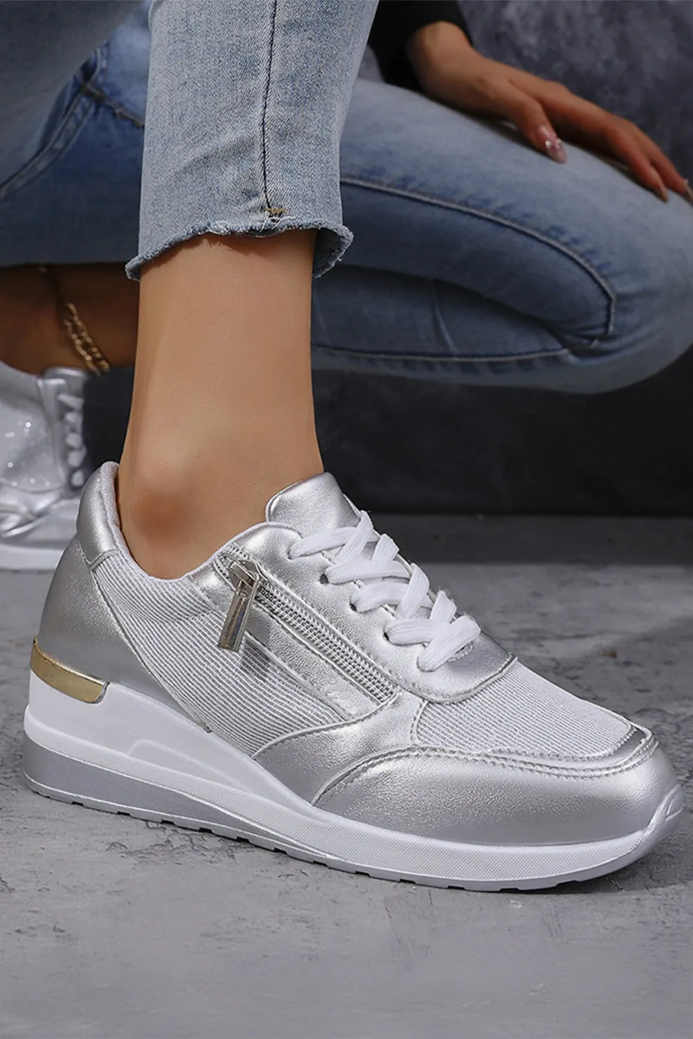Silvery Leather Patchwork Zipper Lace-up Sneakers