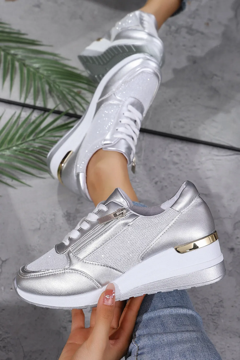Silvery Leather Patchwork Zipper Lace-up Sneakers