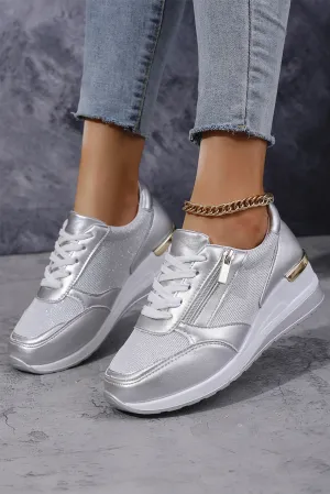Silvery Leather Patchwork Zipper Lace-up Sneakers
