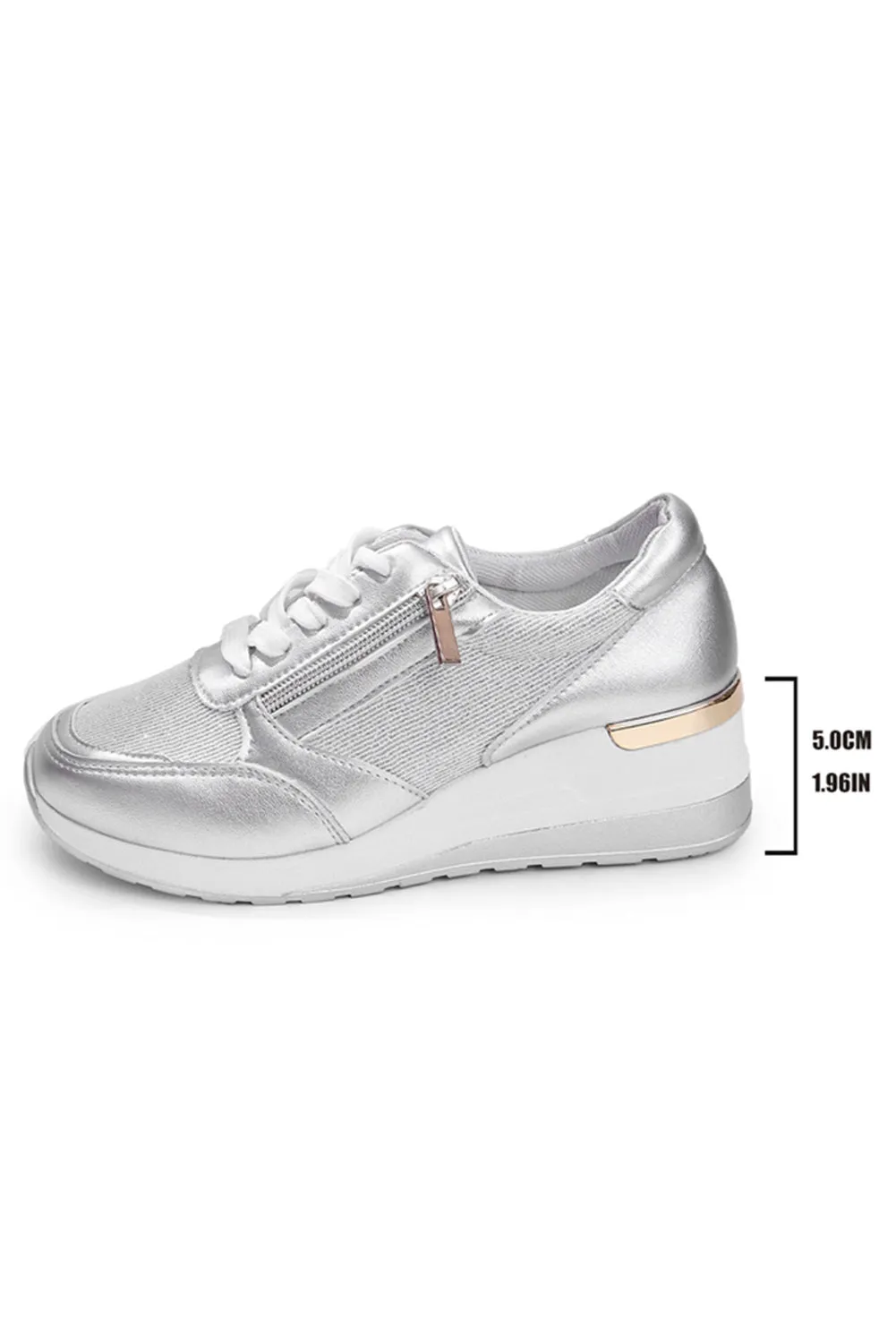 Silvery Leather Patchwork Zipper Lace-up Sneakers