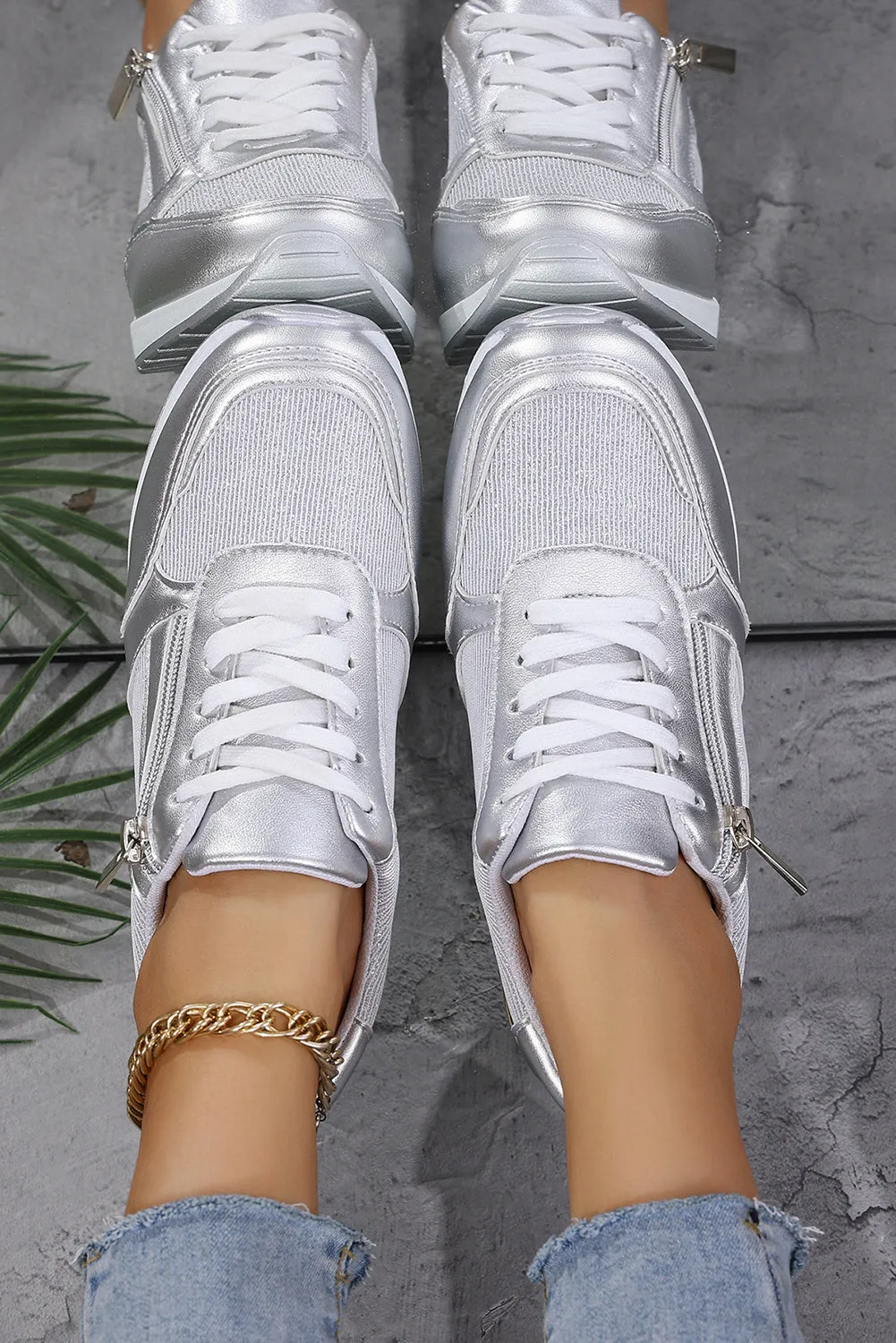 Silvery Leather Patchwork Zipper Lace-up Sneakers