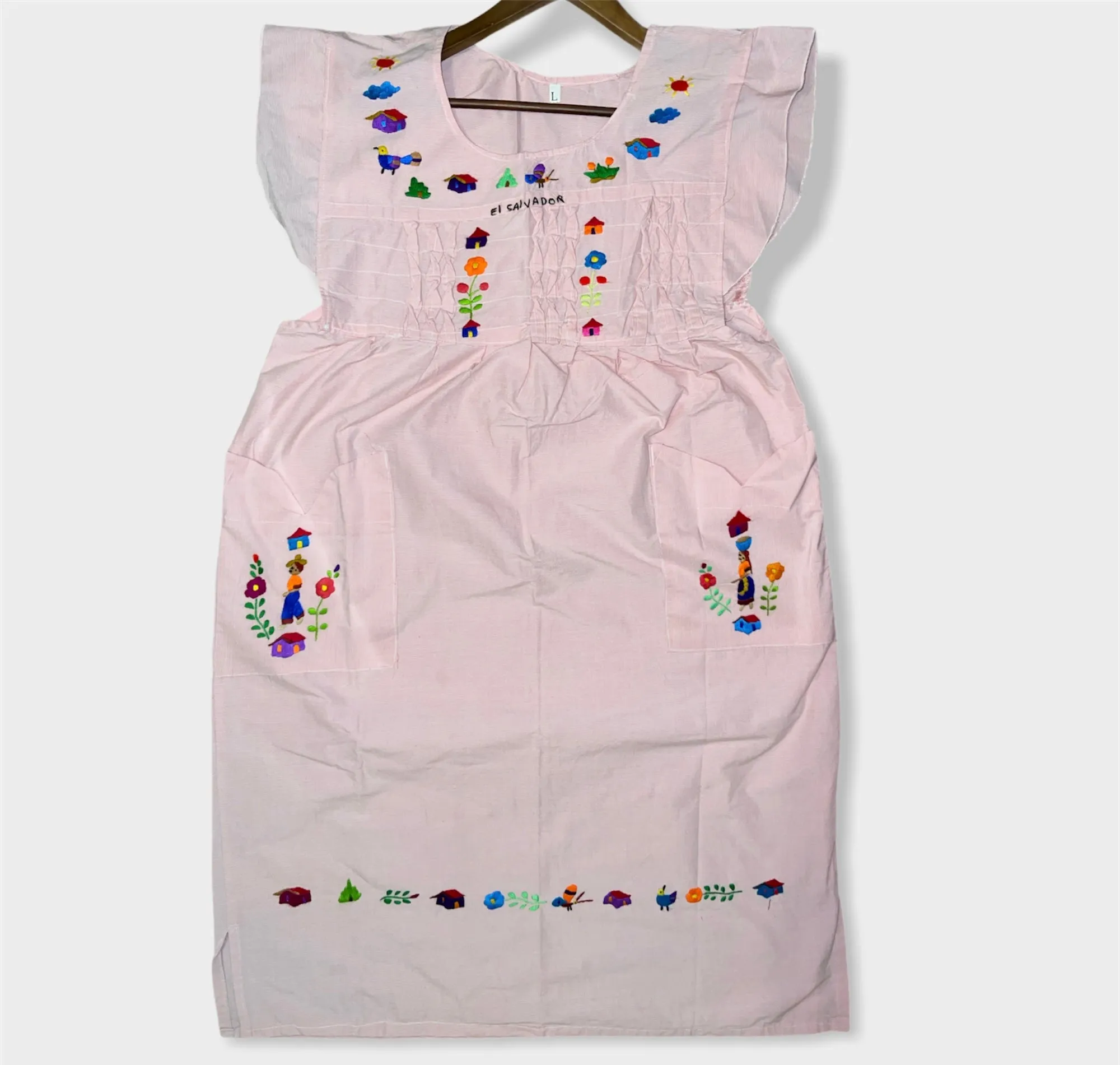Size L Traditional Embroidered Reddish Dress from El Salvador-Vestido