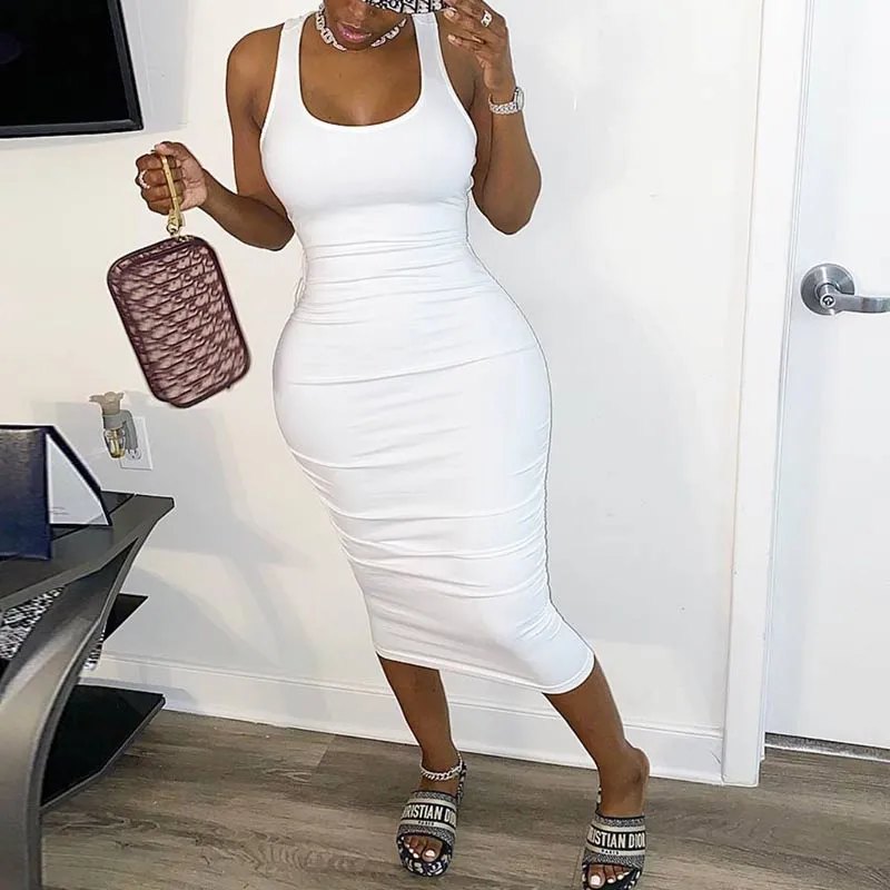 Solid Sleeveless Zipper Design Bandage Dress
