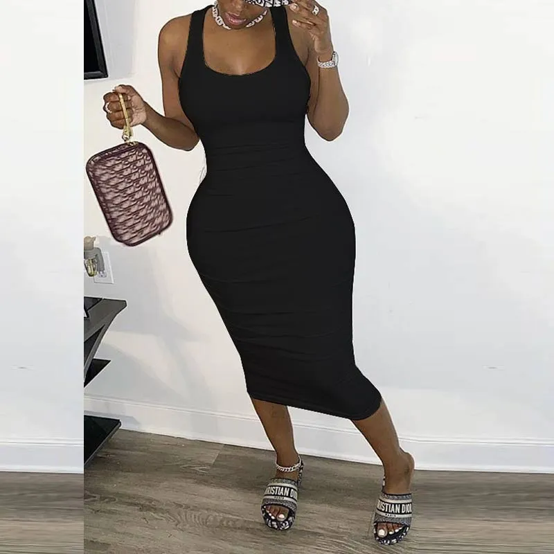 Solid Sleeveless Zipper Design Bandage Dress