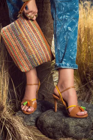 Tan Heeled Sandals with Tassel Detail and Color Straps