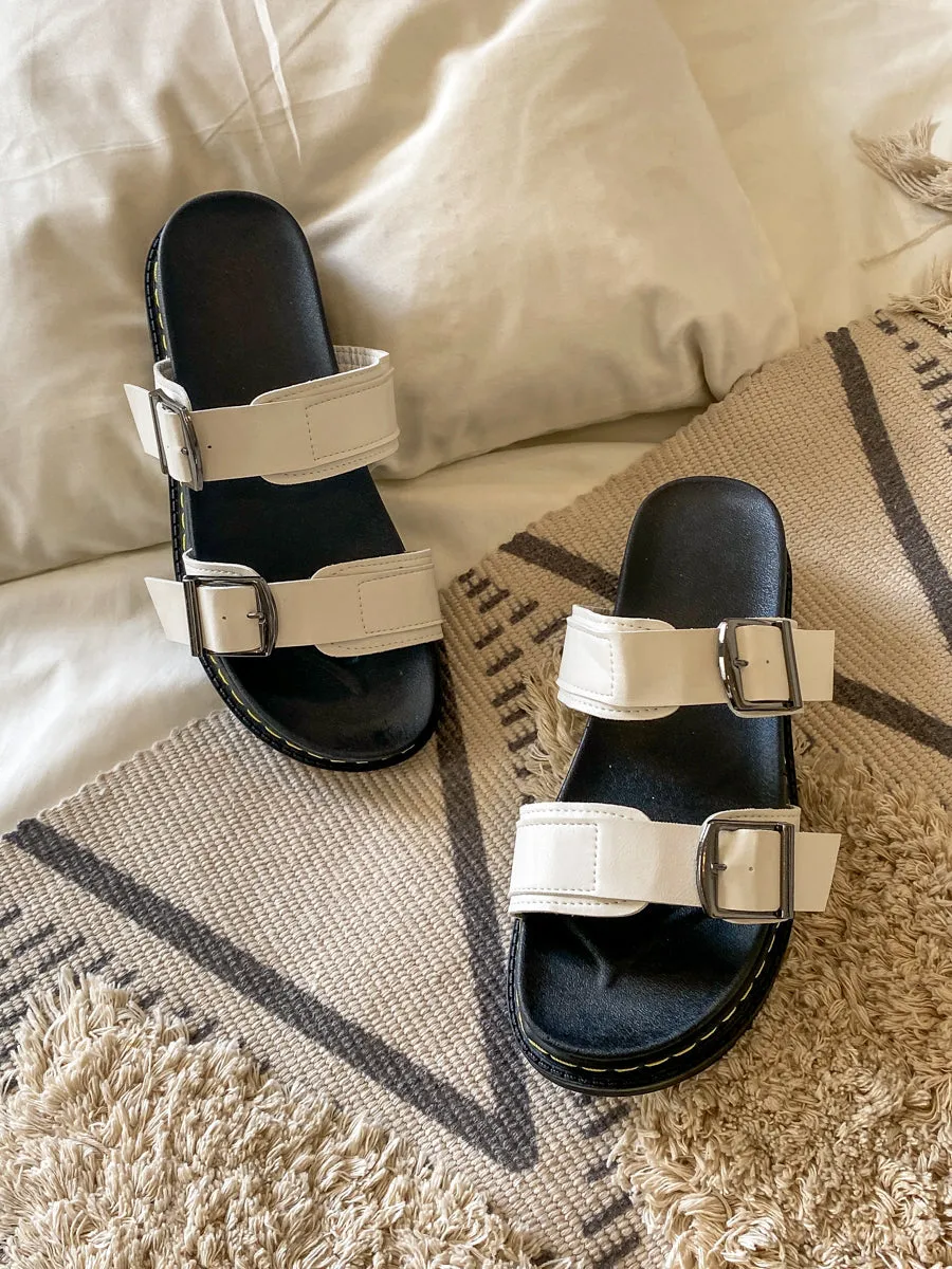 White Double-Strap Buckled Platform Sandals