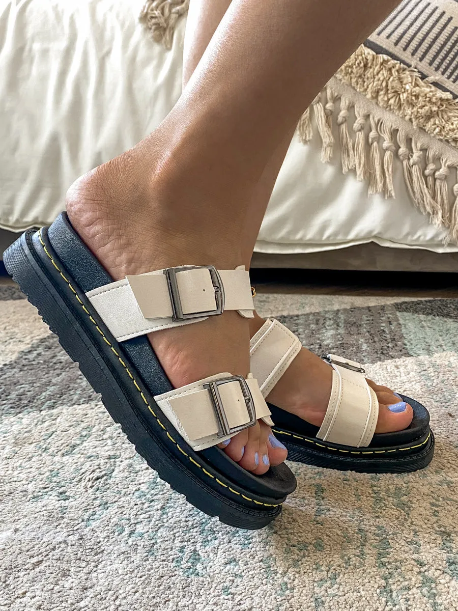 White Double-Strap Buckled Platform Sandals