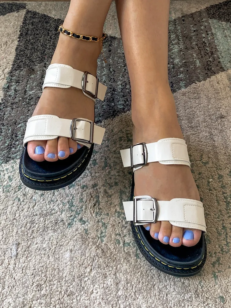 White Double-Strap Buckled Platform Sandals