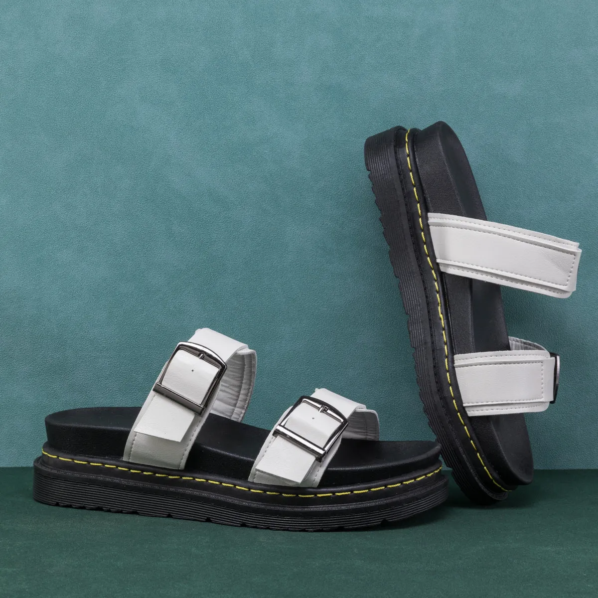 White Double-Strap Buckled Platform Sandals