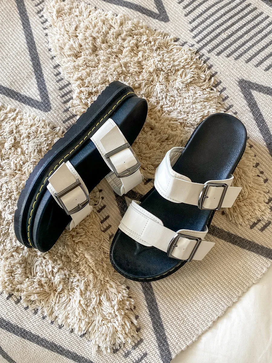 White Double-Strap Buckled Platform Sandals