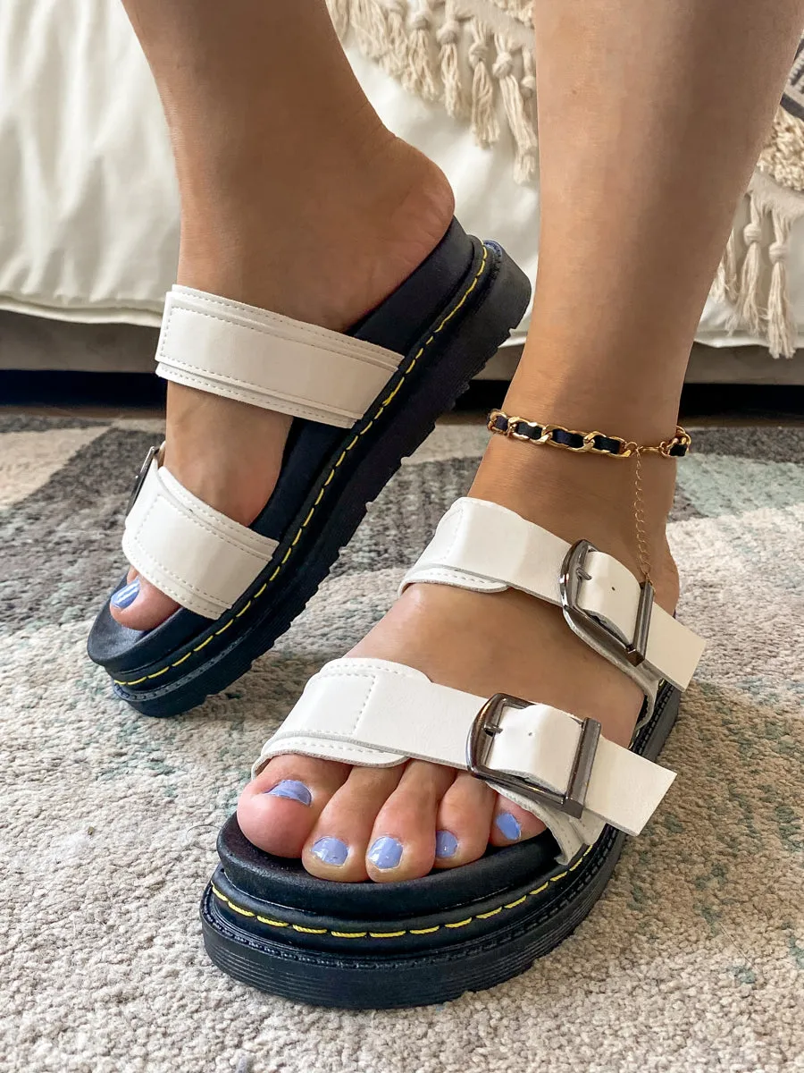 White Double-Strap Buckled Platform Sandals