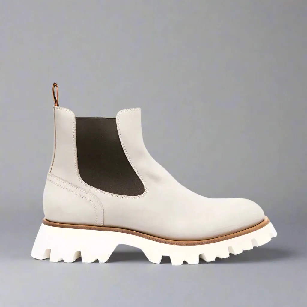 White Italian Suede Leather Combat Hiking Boots with Chunky Track Sole - Boots